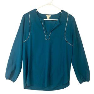 J.Crew Teal Long Sleeve Blouse With Contrast Trim & V-Neck Womens Size 4 EUC